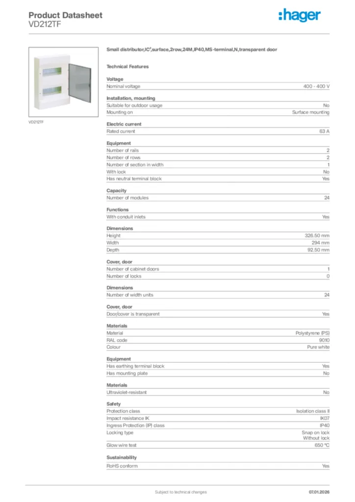 Image Hager Product data sheet VD212TF  | Hager Africa