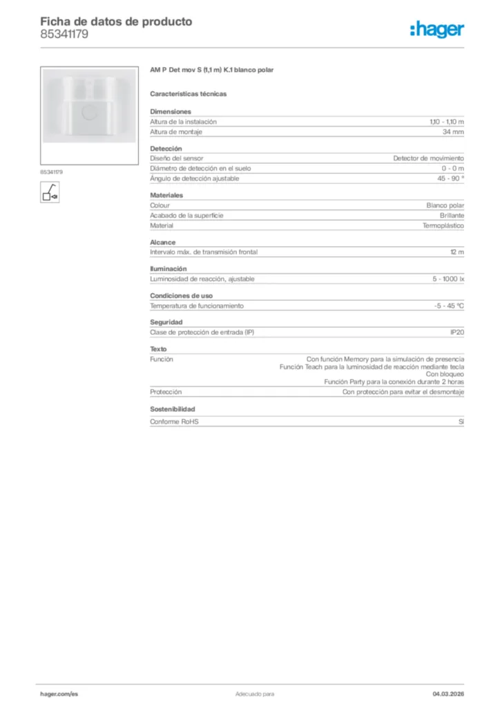 Imagen Hager Ficha de datos de producto 85341179 | Hager España