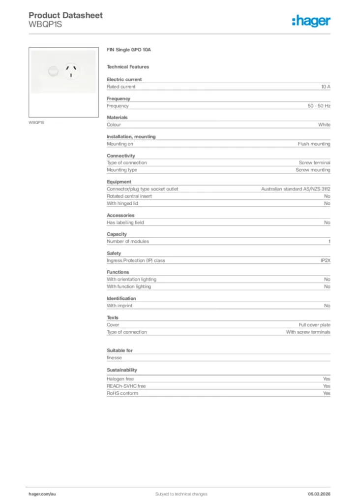 Image Hager Product data sheet WBQP1S  | Hager Australia