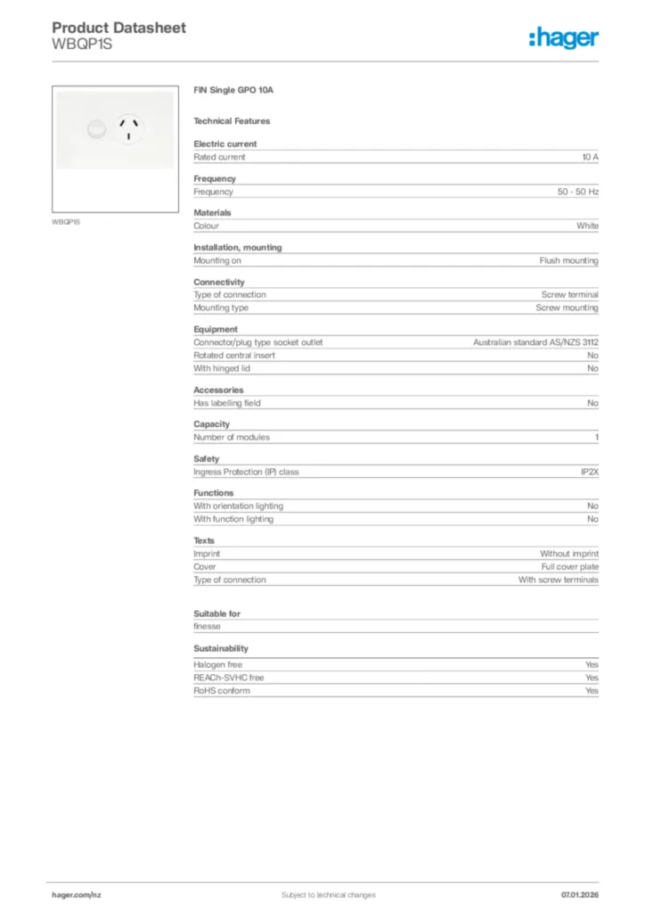 Image Hager Product data sheet WBQP1S  | Hager New Zealand