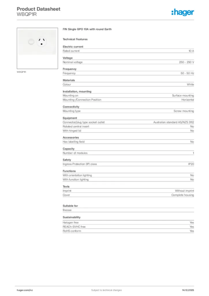 Image Hager Product data sheet WBQP1R  | Hager New Zealand