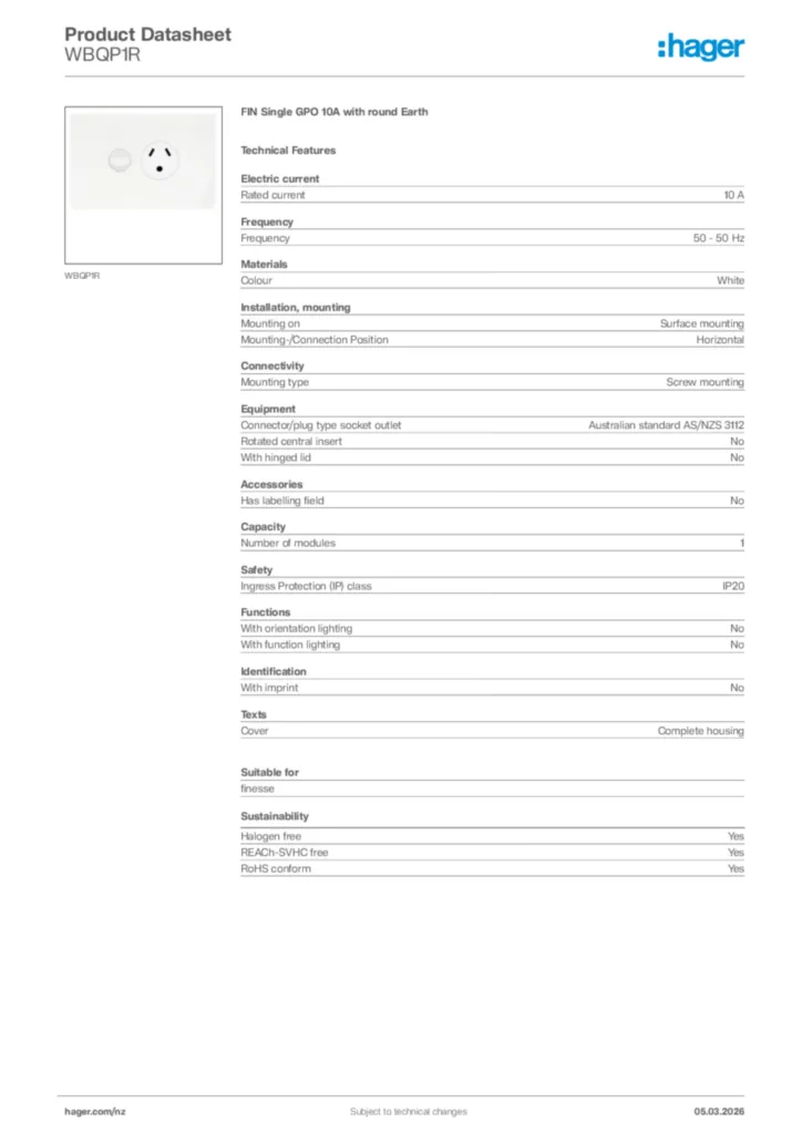 Image Hager Product data sheet WBQP1R  | Hager New Zealand