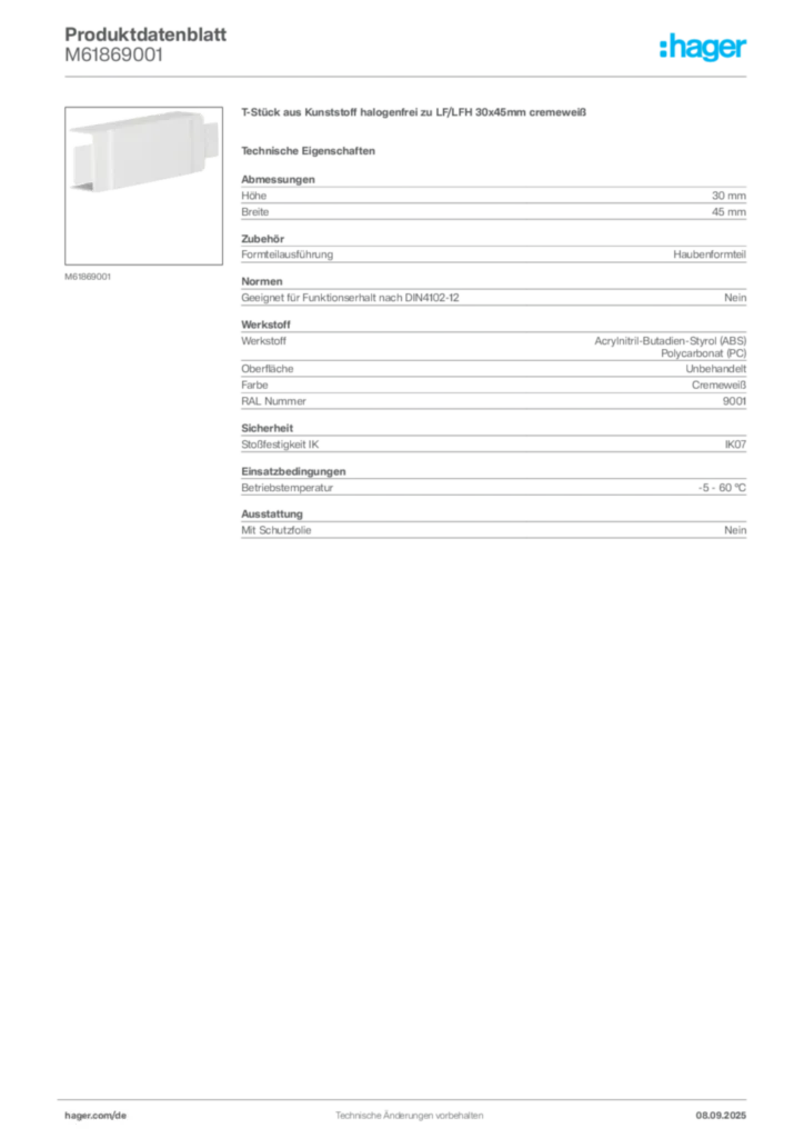 Bild Hager Produktdatenblatt M61869001 | Hager Deutschland