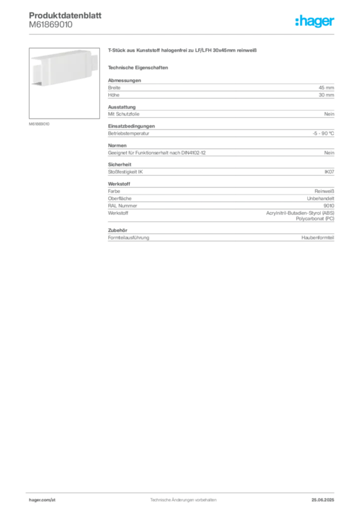 Bild Hager Produktdatenblatt M61869010 | Hager Deutschland