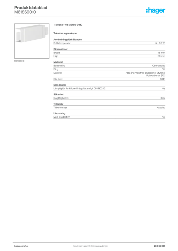 Bild Hager Produktdatablad M61869010 | Hager Sverige