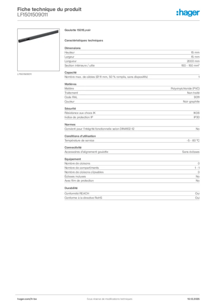 Image Hager Fiche technique du produit LF1501509011 | Hager Belgique