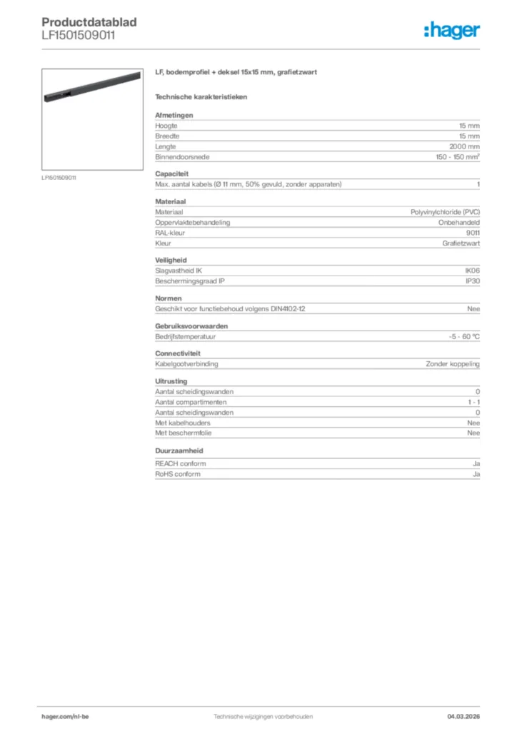 Afbeelding Hager Productdatablad LF1501509011 | Hager Belgium