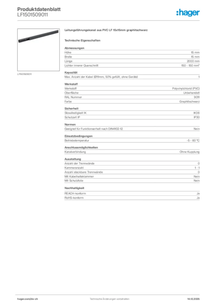 Bild Hager Produktdatenblatt LF1501509011 | Hager Schweiz