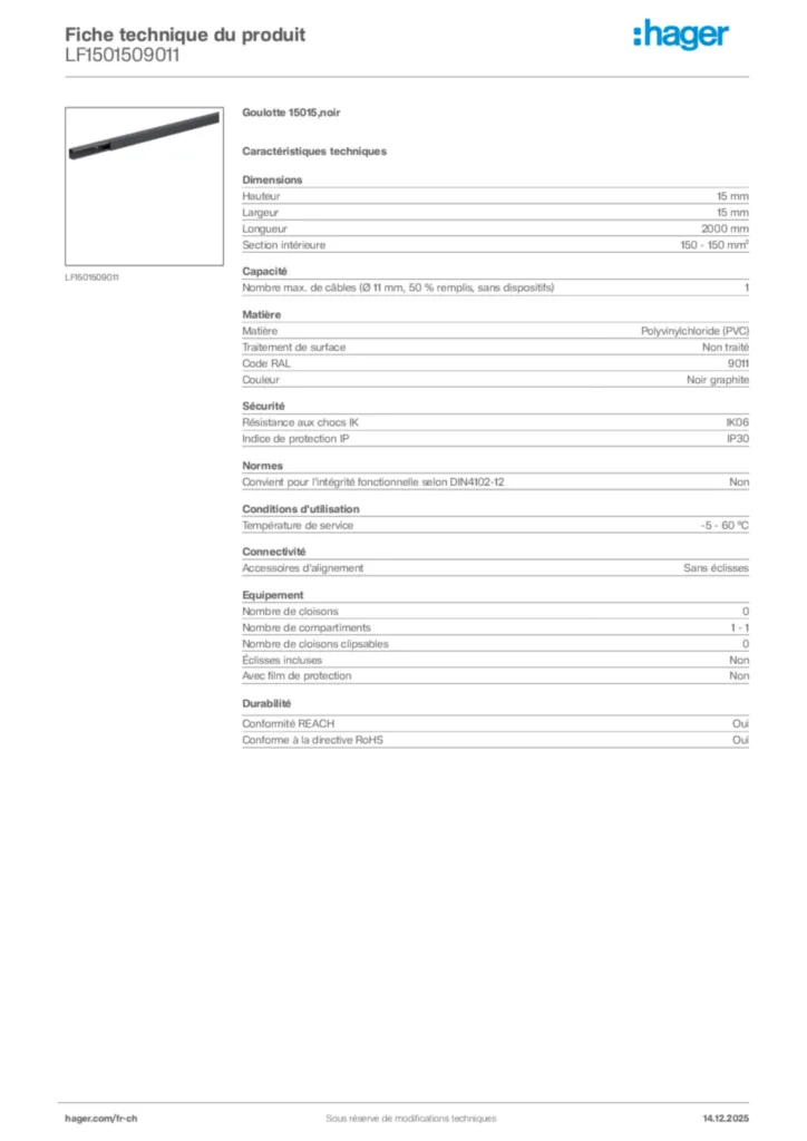 Image Hager Fiche technique du produit LF1501509011 | Hager Suisse