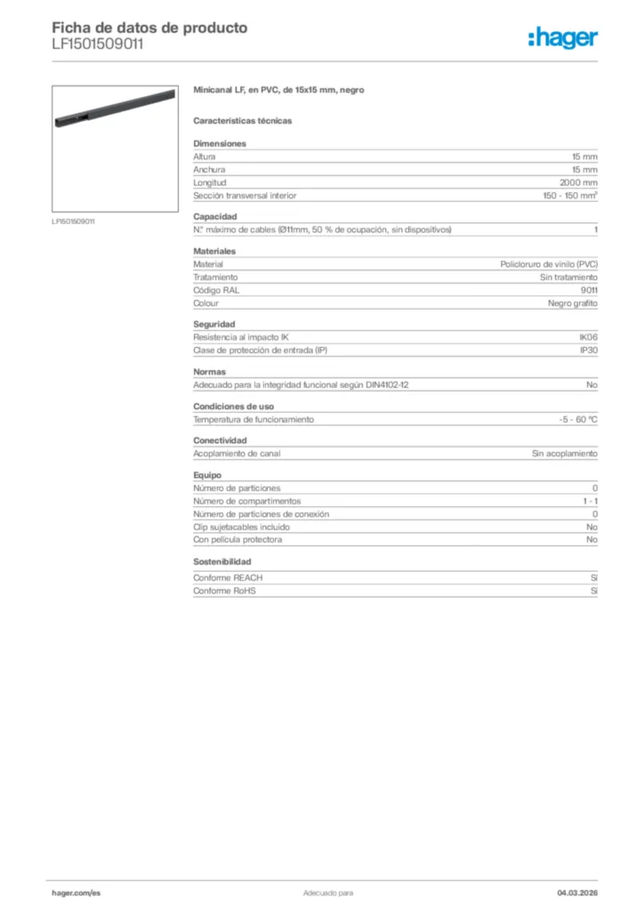 Imagen Hager Ficha de datos de producto LF1501509011 | Hager España