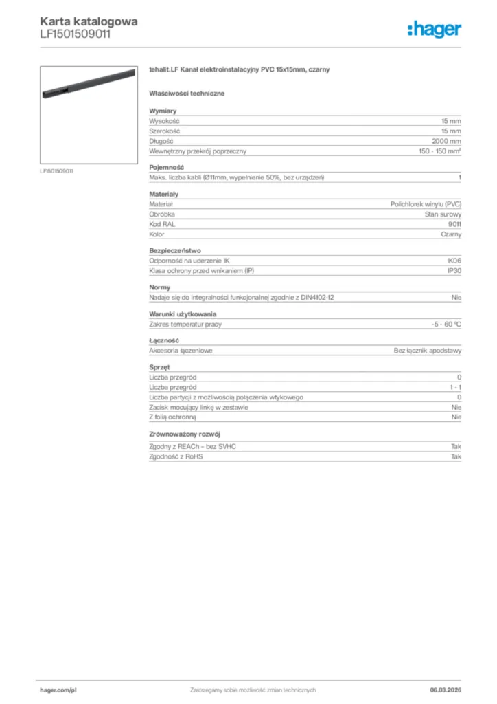 Zdjęcie Hager Karta katalogowa LF1501509011 | Hager Polska