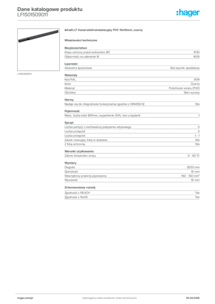 Zdjęcie Hager Dane katalogowe produktu LF1501509011 | Hager Polska
