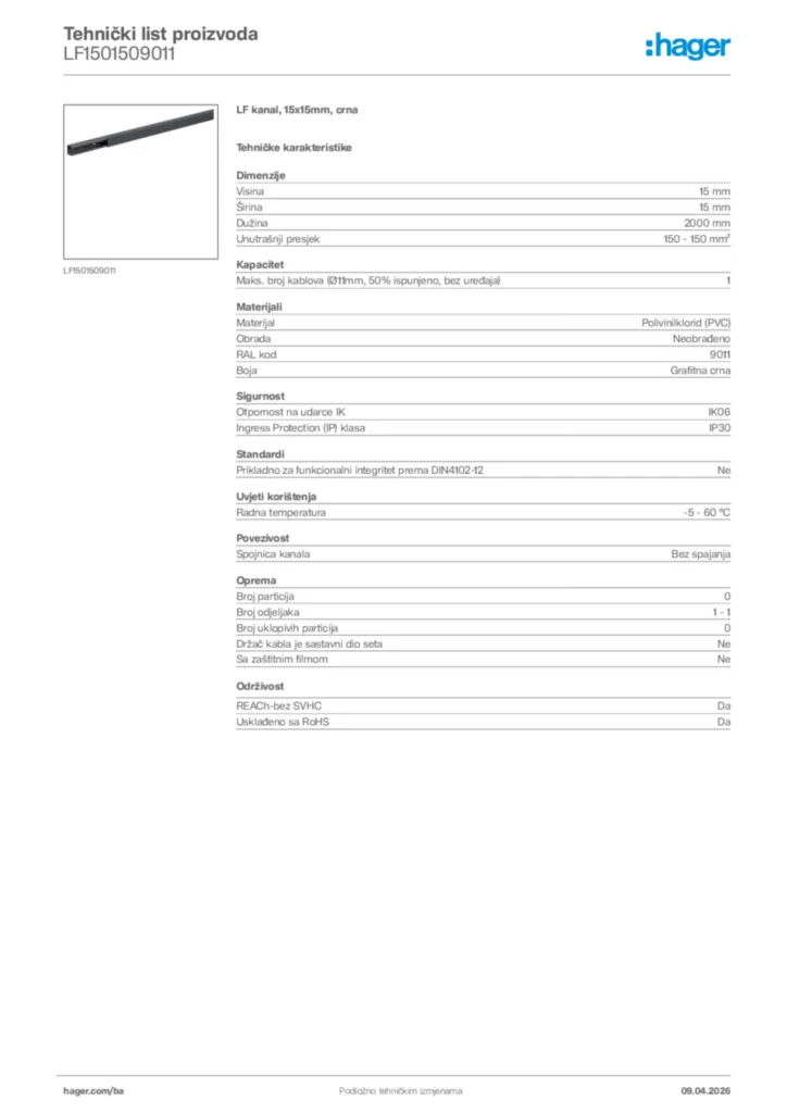 Slika Hager Tehnički list proizvoda LF1501509011  | Hager