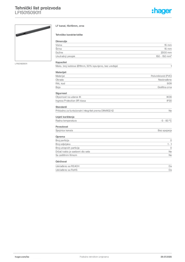 Slika Hager Product data sheet LF1501509011  | Hager