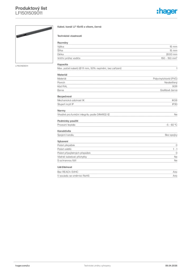 Obrázek Hager Product data sheet LF1501509011 | Hager