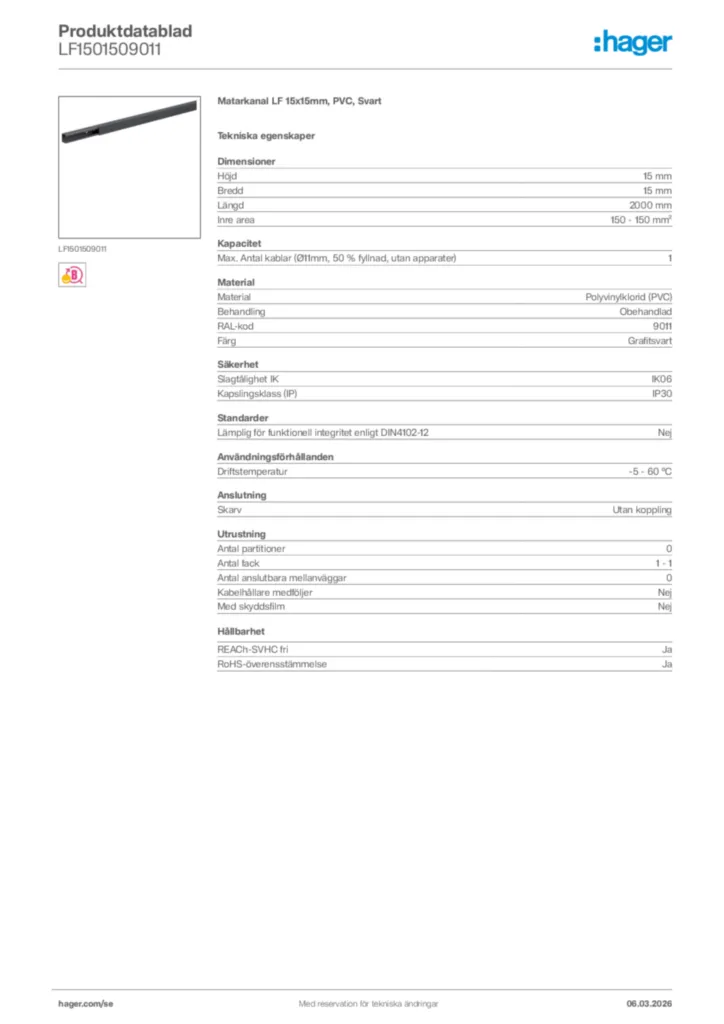 Bild Hager Produktdatablad LF1501509011 | Hager Sverige