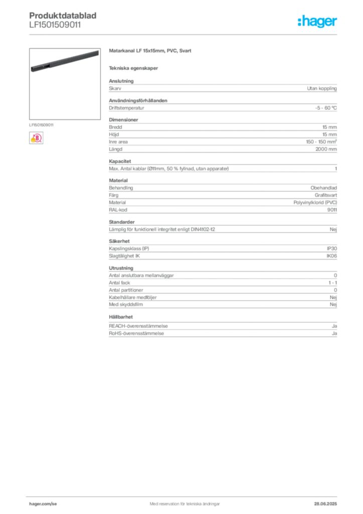 Bild Hager Produktdatablad LF1501509011 | Hager Sverige