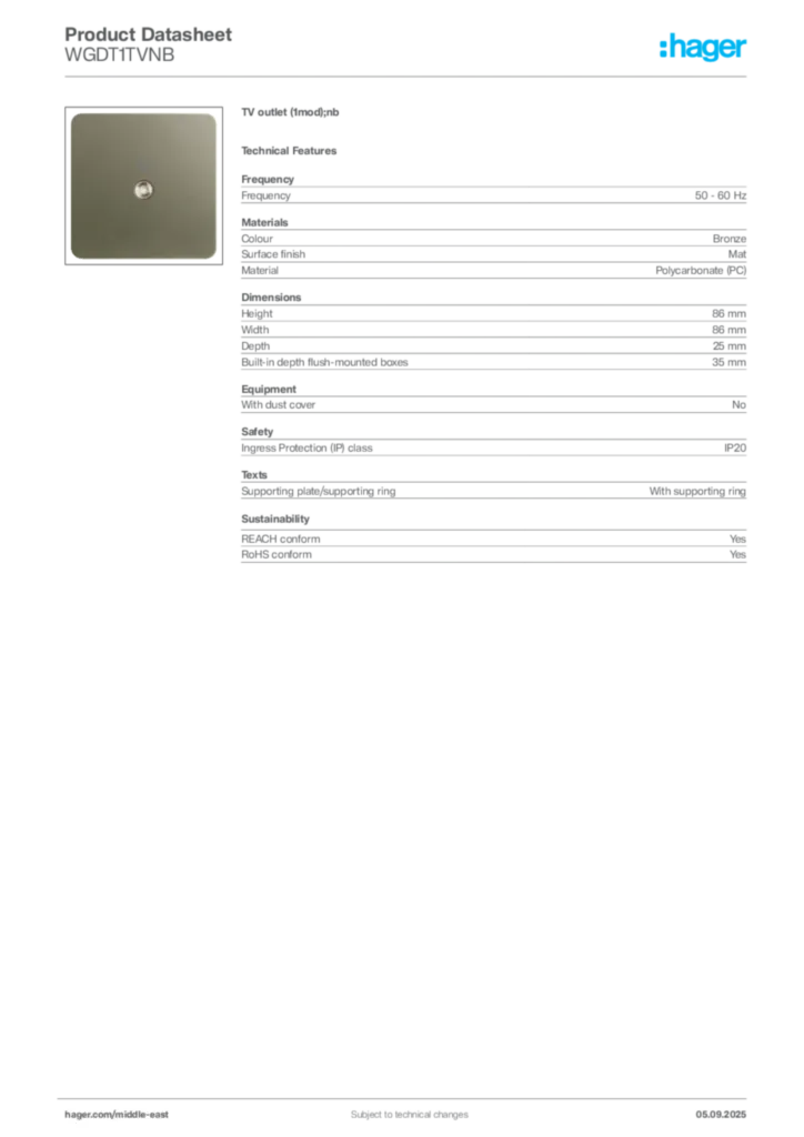 Image Hager Product data sheet WGDT1TVNB  | Hager