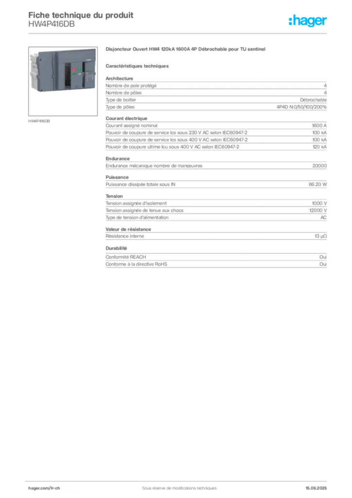 Image Hager Fiche technique du produit HW4P416DB | Hager Suisse