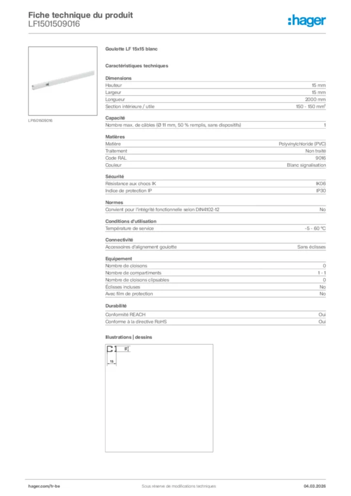 Image Hager Fiche technique du produit LF1501509016 | Hager Belgique