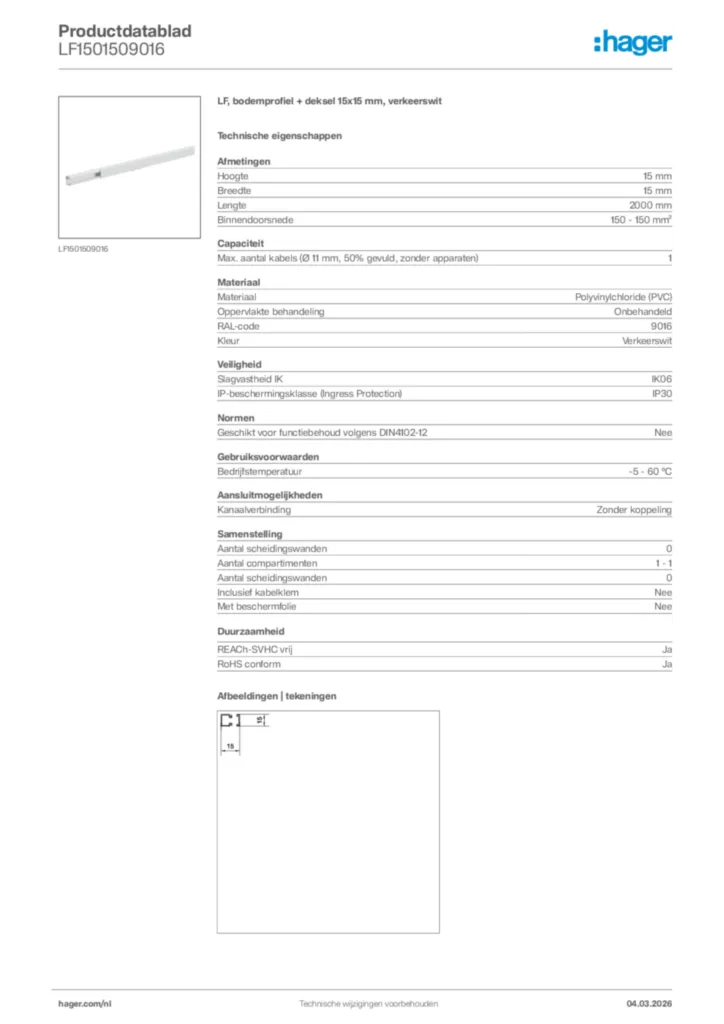Afbeelding Hager Productdatablad LF1501509016 | Hager Nederland