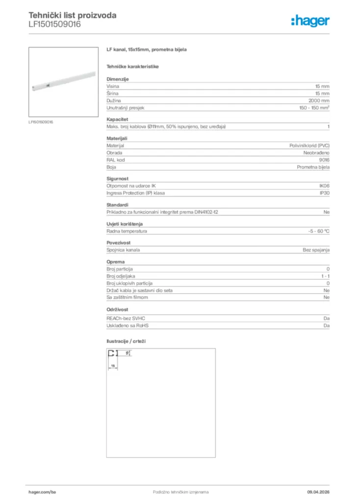 Slika Hager Tehnički list proizvoda LF1501509016  | Hager