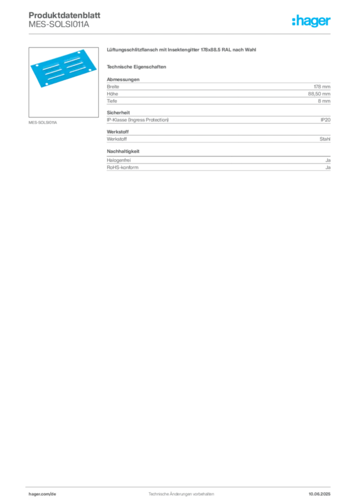 Bild Hager Produktdatenblatt MES-SOLSI011A | Hager Deutschland