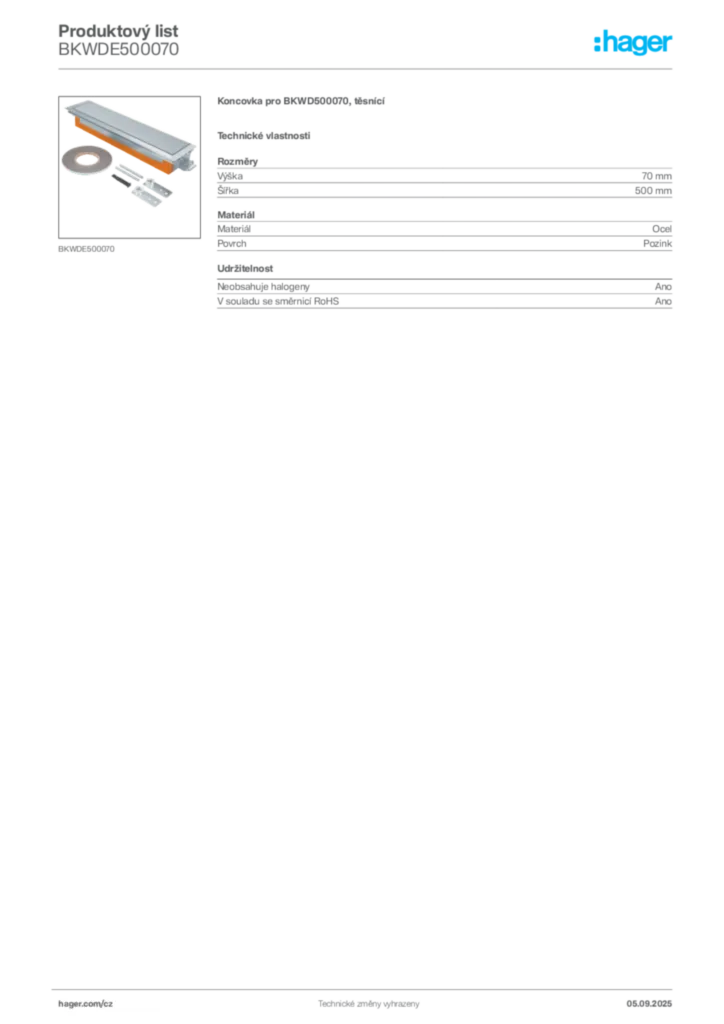 Obrázek Hager Produktový list BKWDE500070 | Hager