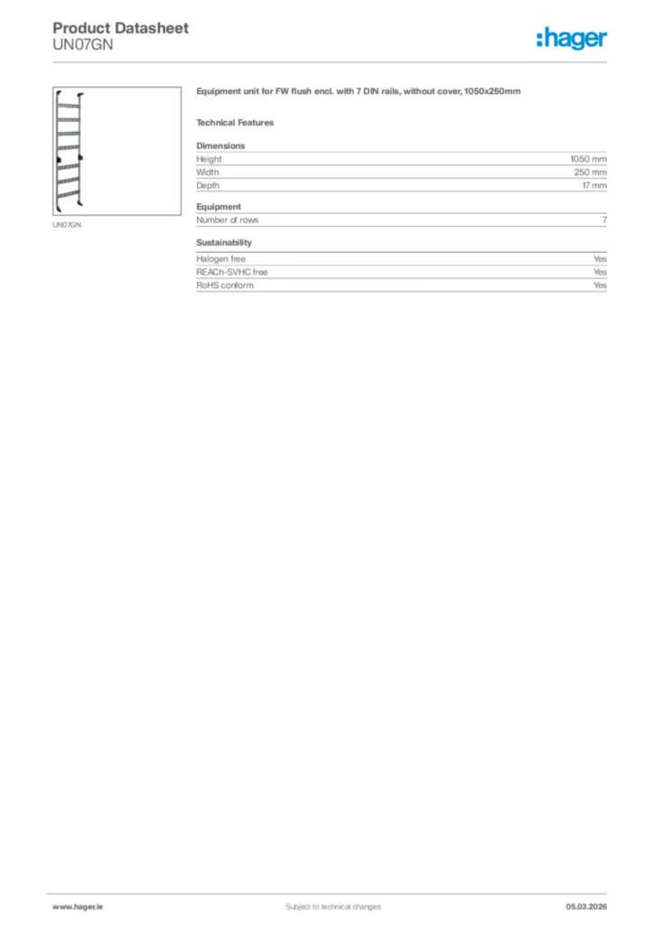 Image Hager Product data sheet UN07GN  | Hager