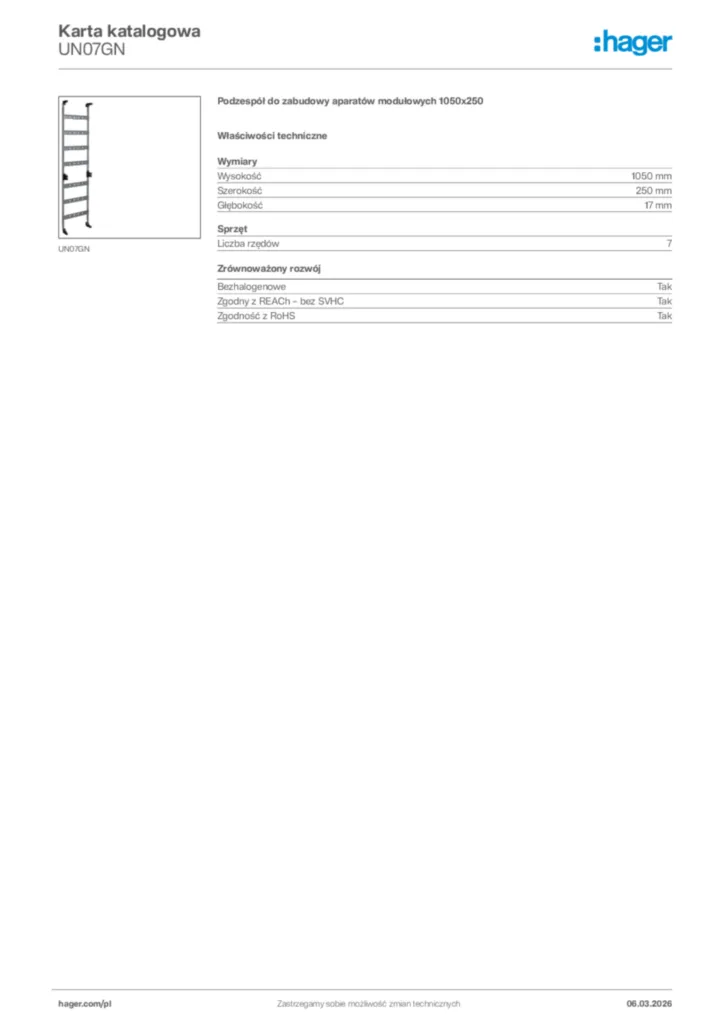 Zdjęcie Hager Karta katalogowa UN07GN | Hager Polska