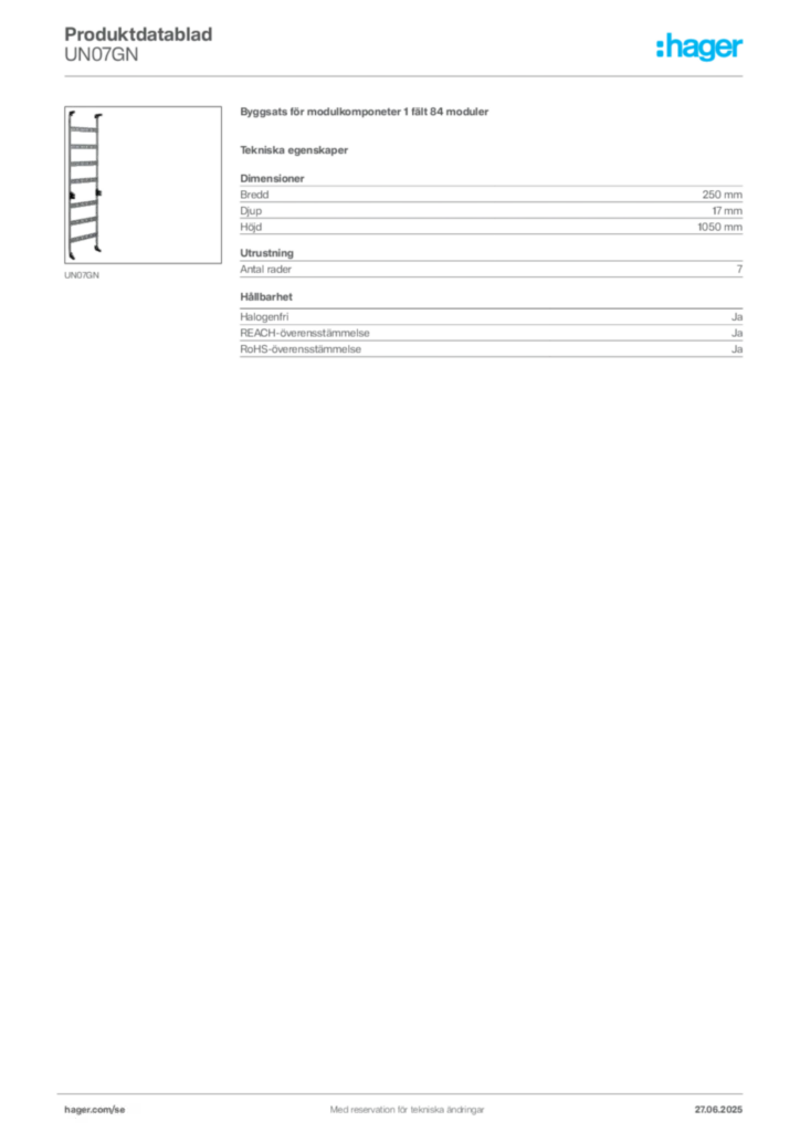 Bild Hager Produktdatablad UN07GN | Hager Sverige