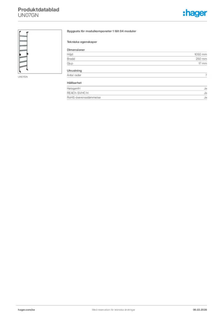 Bild Hager Produktdatablad UN07GN | Hager Sverige