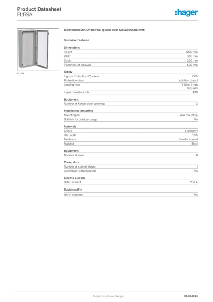 Image Hager Product data sheet FL179A  | Hager Africa