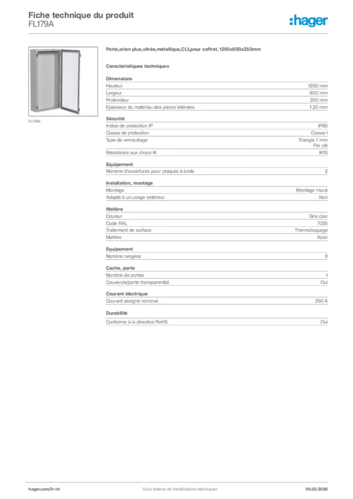 Image Hager Fiche technique du produit FL179A | Hager Suisse