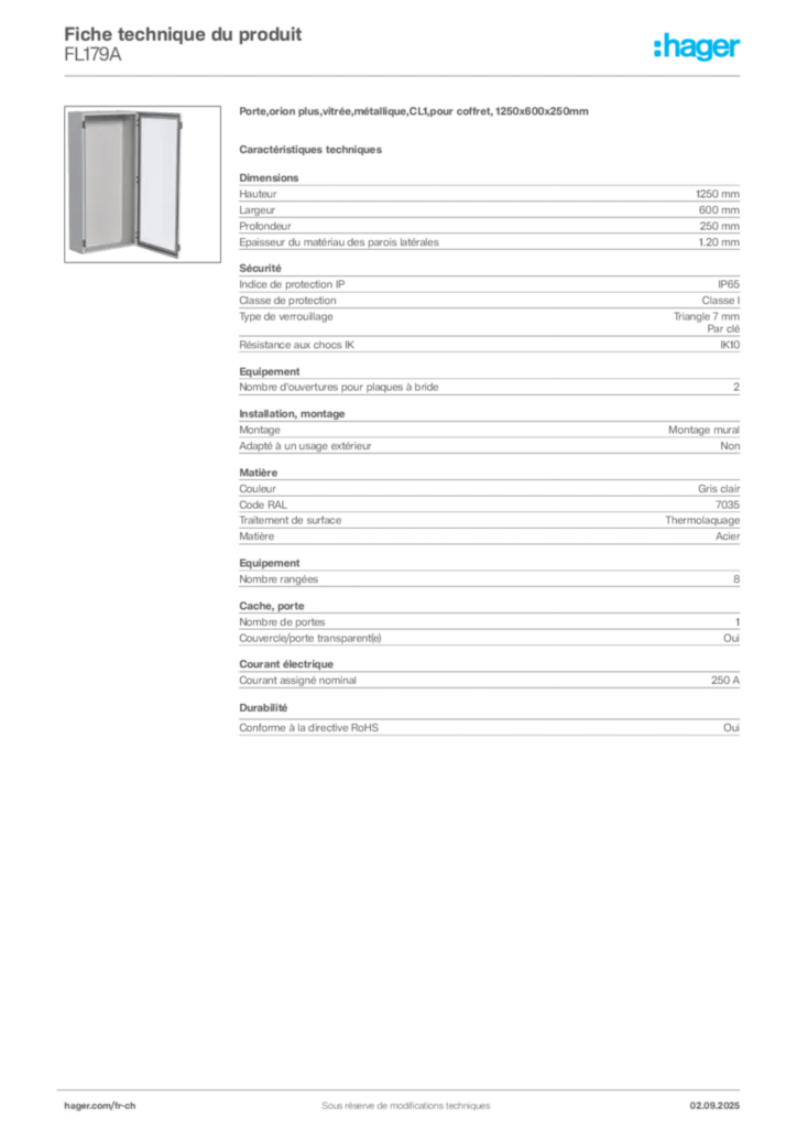 Image Hager Fiche technique du produit FL179A | Hager Suisse