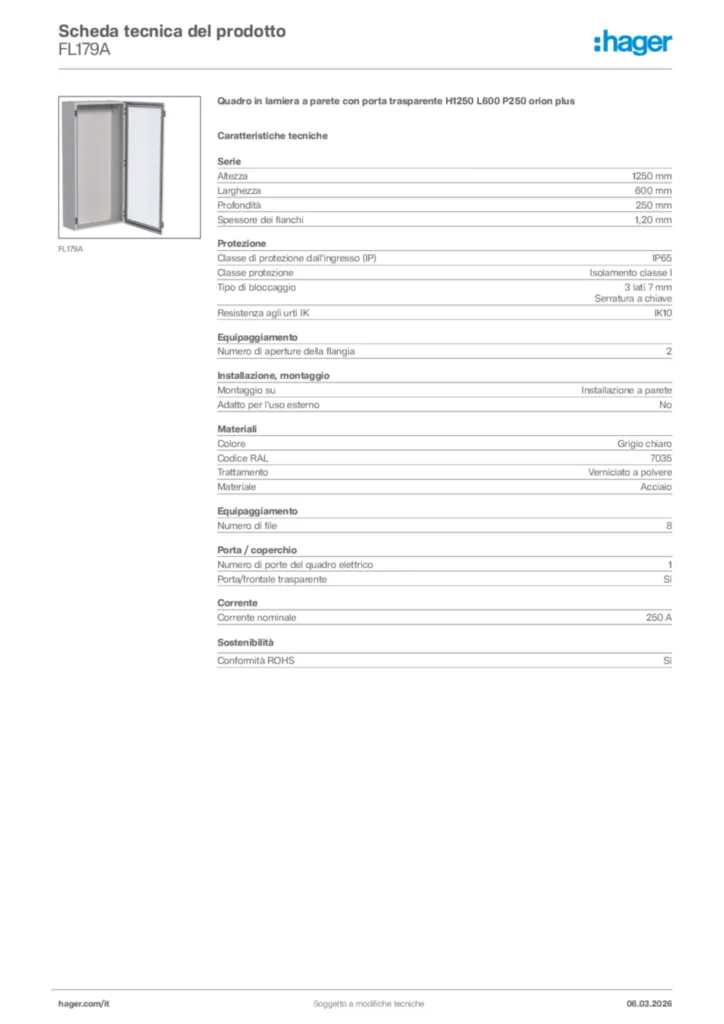Immagine Hager Scheda tecnica del prodotto FL179A | Hager Italia