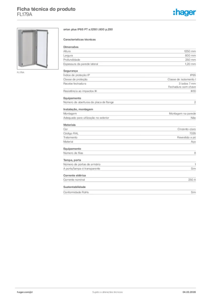 Imagem Hager Ficha técnica do produto FL179A | Hager Portugal