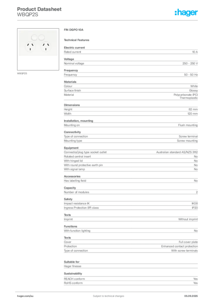 Image Hager Product data sheet WBQP2S  | Hager Australia