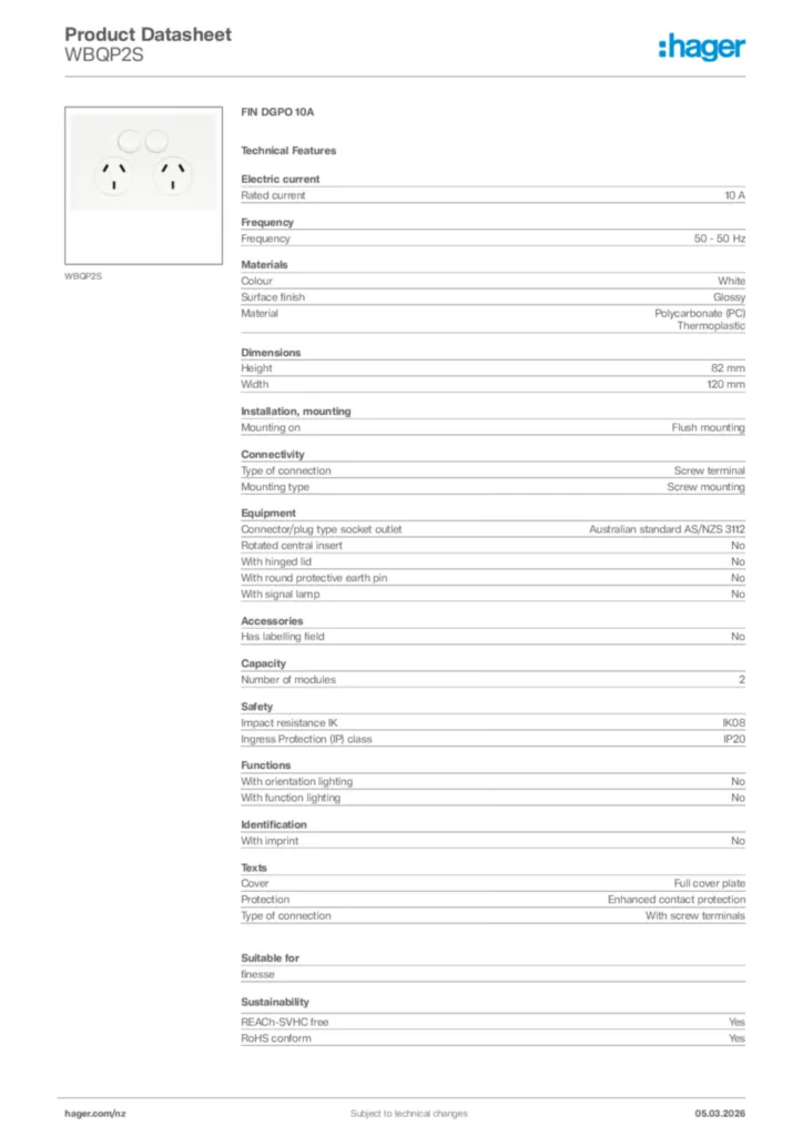 Image Hager Product data sheet WBQP2S  | Hager New Zealand