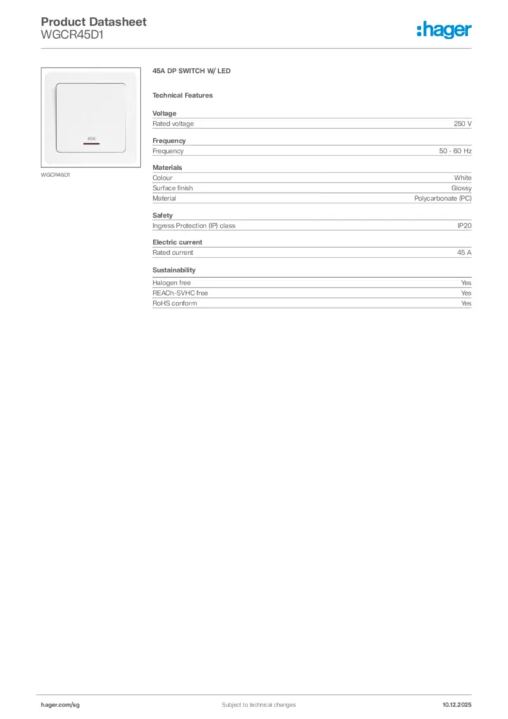 Image Hager Product data sheet WGCR45D1  | Hager