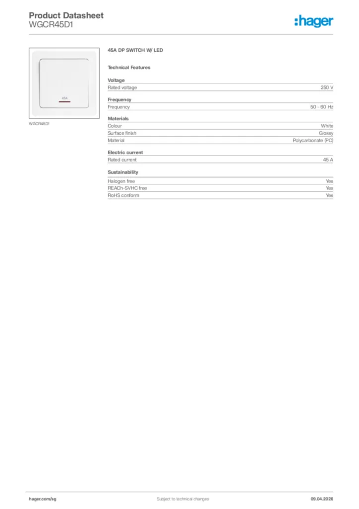 Image Hager Product data sheet WGCR45D1  | Hager