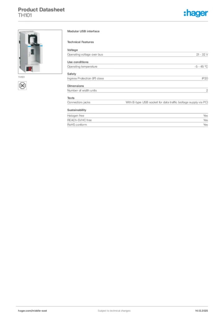 Image Hager Product data sheet TH101  | Hager