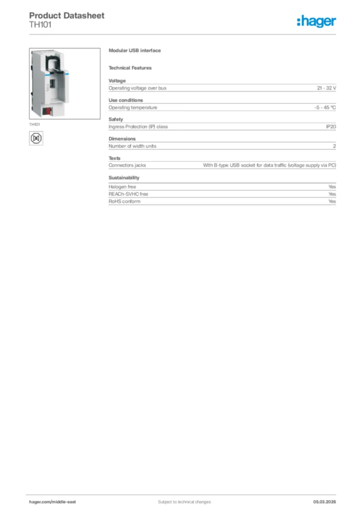 Image Hager Product data sheet TH101  | Hager