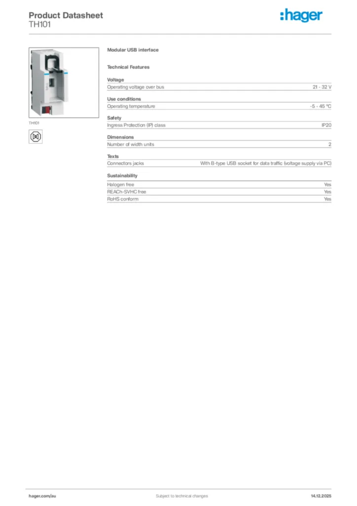 Image Hager Product data sheet TH101  | Hager Australia