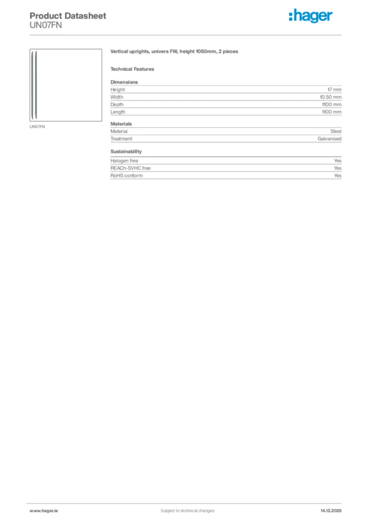 Image Hager Product data sheet UN07FN  | Hager