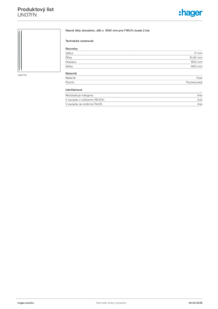 Obrázek Hager Product data sheet UN07FN | Hager