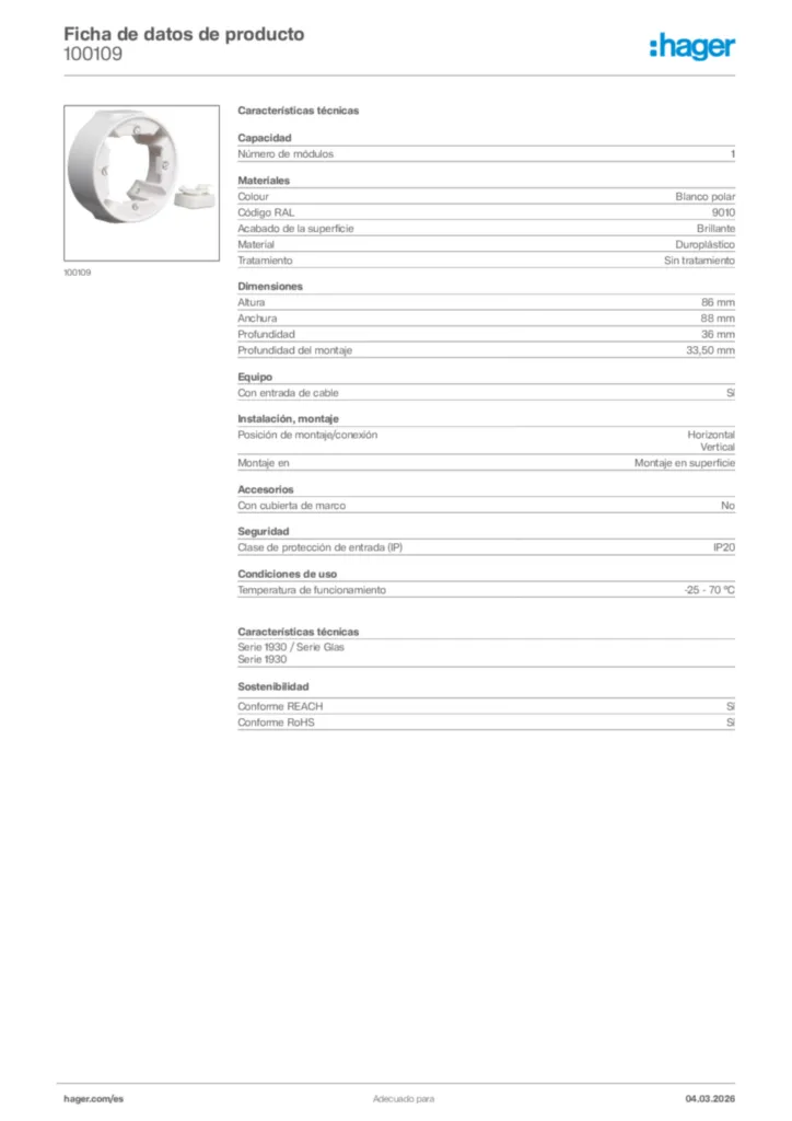 Imagen Hager Ficha de datos de producto 100109 | Hager España