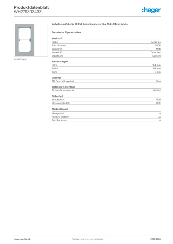 Bild Hager Produktdatenblatt WH27930343Z | Hager Schweiz