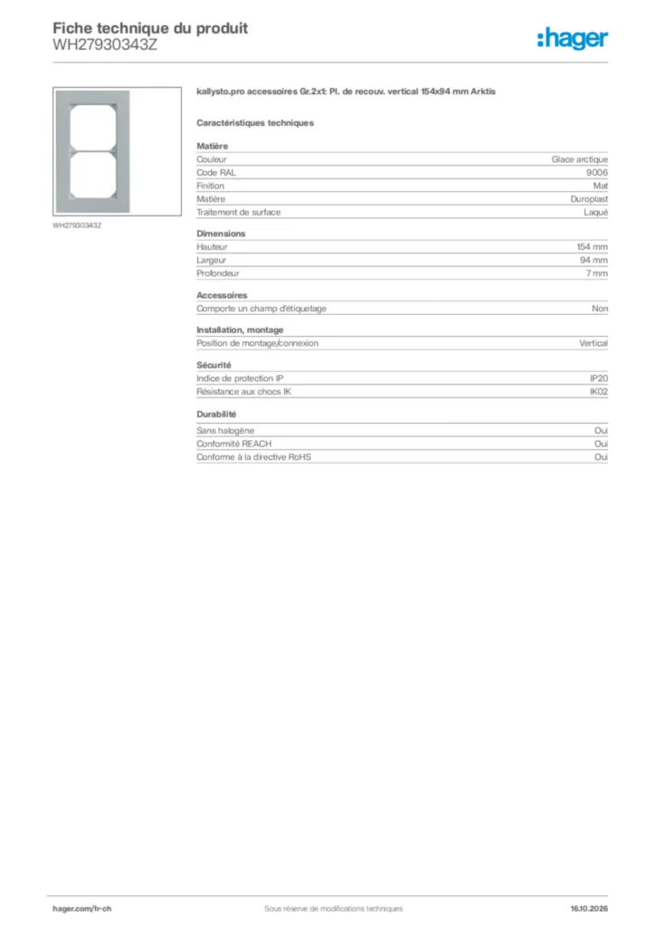 Image Hager Fiche technique du produit WH27930343Z | Hager Suisse