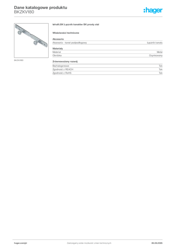 Zdjęcie Hager Dane katalogowe produktu BKZKV180 | Hager Polska